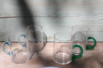 mod vintage Libbey glass steins, clear glasses w/ colored glass handles, large mugs