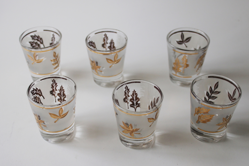 photo of mod vintage Libbey golden foliage leaves pattern shot glasses set of 6 shots #1