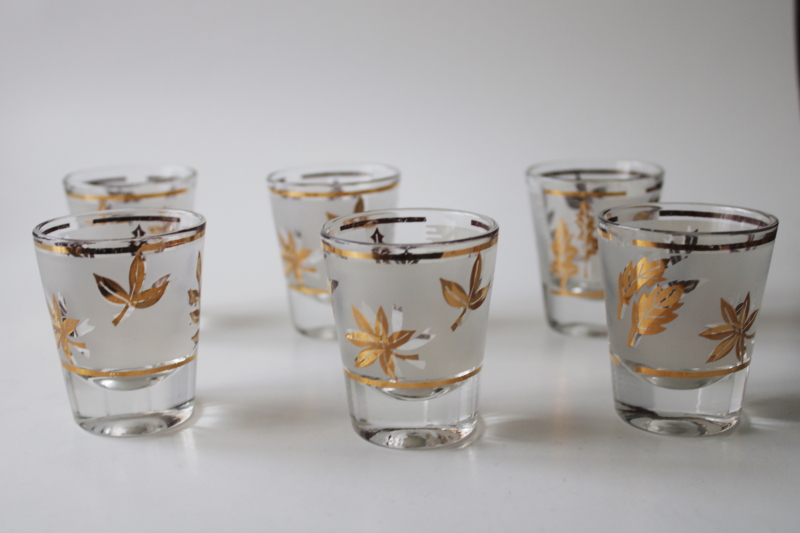 photo of mod vintage Libbey golden foliage leaves pattern shot glasses set of 6 shots #2