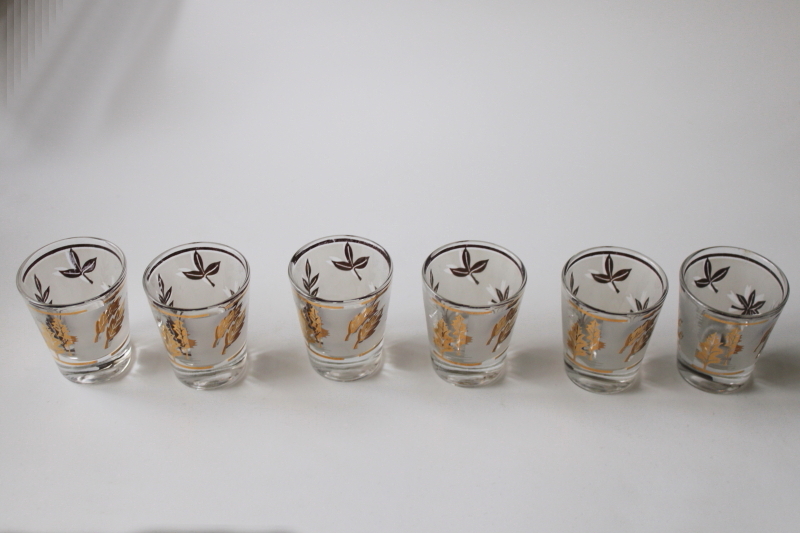 photo of mod vintage Libbey golden foliage leaves pattern shot glasses set of 6 shots #4