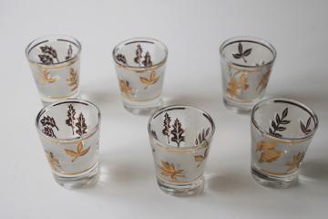 catalog photo of mod vintage Libbey golden foliage leaves pattern shot glasses set of 6 shots