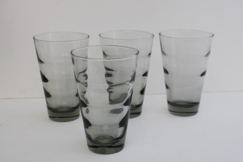 photo of mod vintage Libbey grey smoke highball glasses, Saturn optic ripple pattern tumblers #1