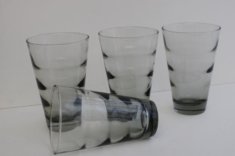 photo of mod vintage Libbey grey smoke highball glasses, Saturn optic ripple pattern tumblers #2