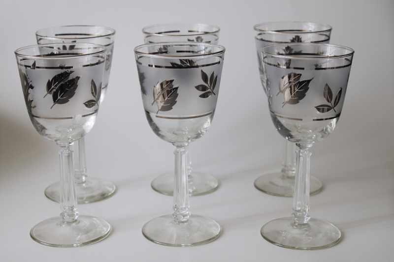 photo of mod vintage Libbey silver foliage leaves pattern glass water goblets or wine glasses #1