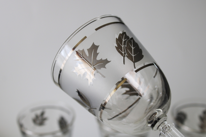 photo of mod vintage Libbey silver foliage leaves pattern glass water goblets or wine glasses #3