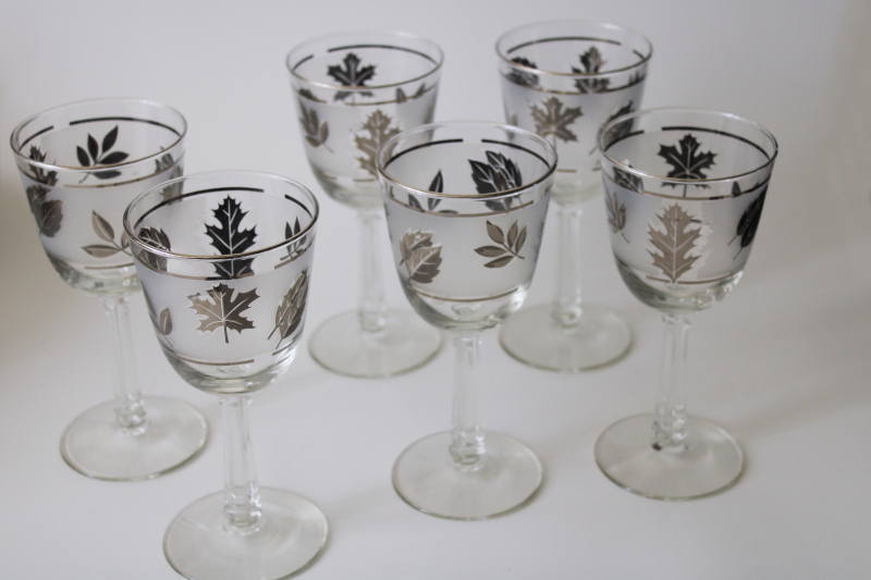 photo of mod vintage Libbey silver foliage leaves pattern glass water goblets or wine glasses #4