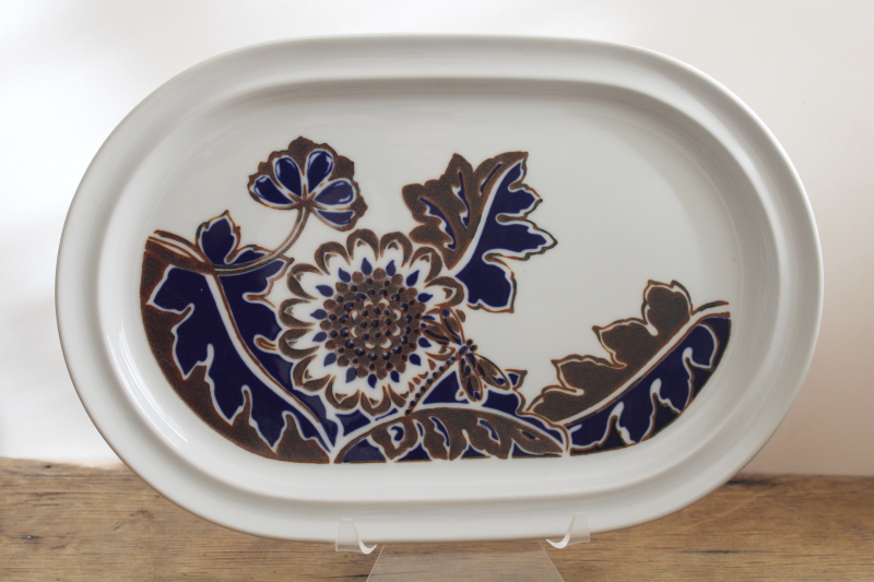photo of mod vintage Noritake Elation Primastone stoneware platter brown cobalt blue flower #1