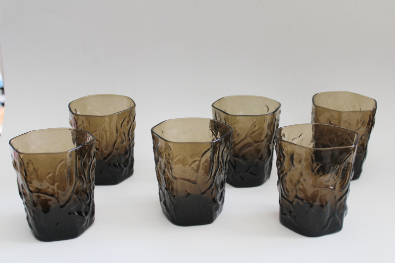 photo of mod vintage Seneca driftwood tumblers, smoke brown old fashioned low ball glasses #1