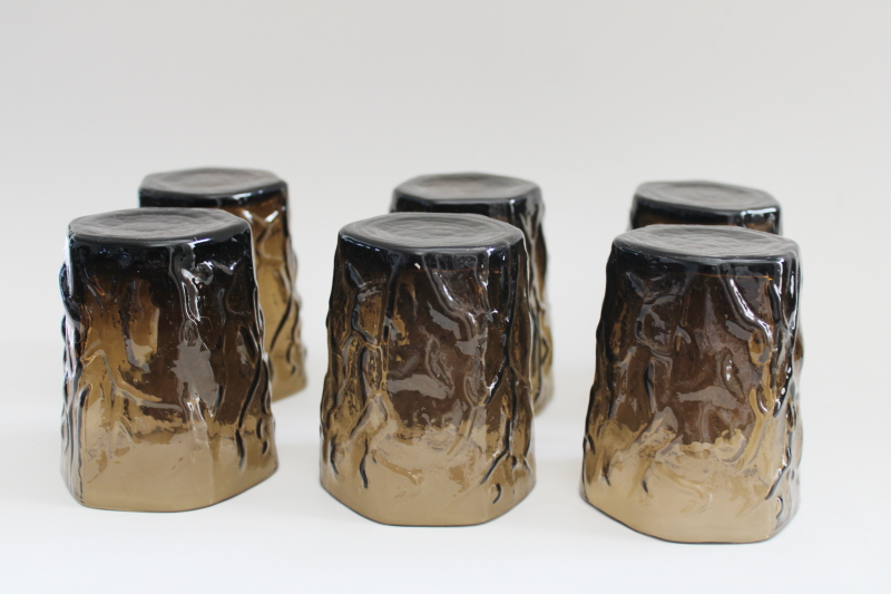 photo of mod vintage Seneca driftwood tumblers, smoke brown old fashioned low ball glasses #3