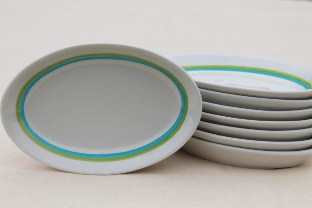 photo of mod vintage Shenango Form white ironstone china oval plates, retro blue & green bands #1