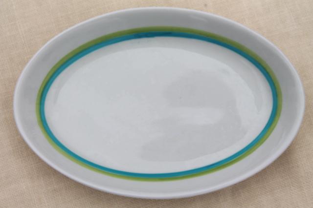 photo of mod vintage Shenango Form white ironstone china oval plates, retro blue & green bands #3