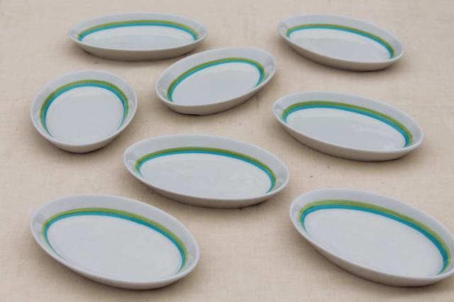 photo of mod vintage Shenango Form white ironstone china oval plates, retro blue & green bands #4