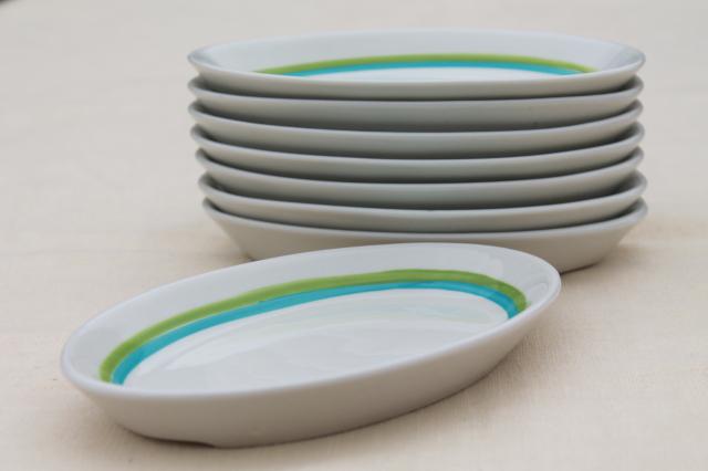 photo of mod vintage Shenango Form white ironstone china oval plates, retro blue & green bands #5