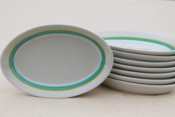 catalog photo of mod vintage Shenango Form white ironstone china oval plates, retro blue & green bands