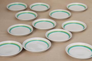catalog photo of mod vintage Shenango Form white ironstone china plates, retro color bands sky blue & grass green