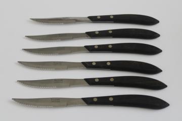 catalog photo of mod vintage Stanley USA stainless steel steak knives, serrated table knife set of 6 