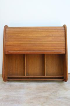 catalog photo of mod vintage Thailand teak wood flatware box w/ tambour cover like a rolltop desk