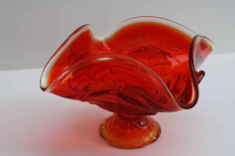 photo of mod vintage Viking art glass candy dish w/ label, cabbage leaf pattern in orange #1