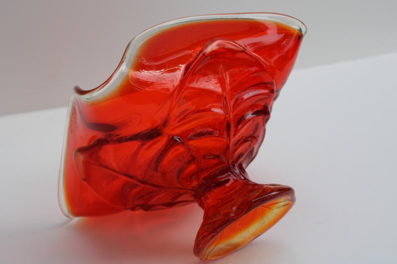 photo of mod vintage Viking art glass candy dish w/ label, cabbage leaf pattern in orange #3