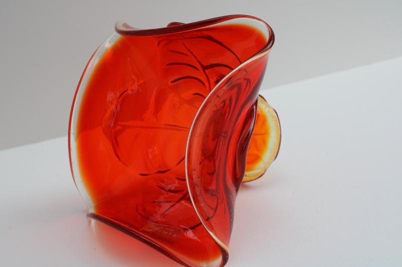 photo of mod vintage Viking art glass candy dish w/ label, cabbage leaf pattern in orange #5