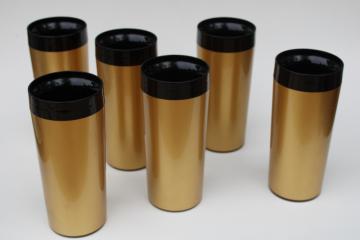 catalog photo of mod vintage West Bend Thermo Serv black & gold insulated plastic drinking glasses