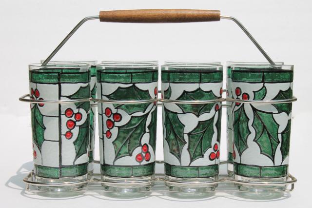 photo of mod vintage West Virginia glass tumblers set in carrier rack, Christmas holly drinking glasses #2