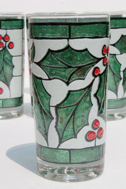 photo of mod vintage West Virginia glass tumblers set in carrier rack, Christmas holly drinking glasses #4