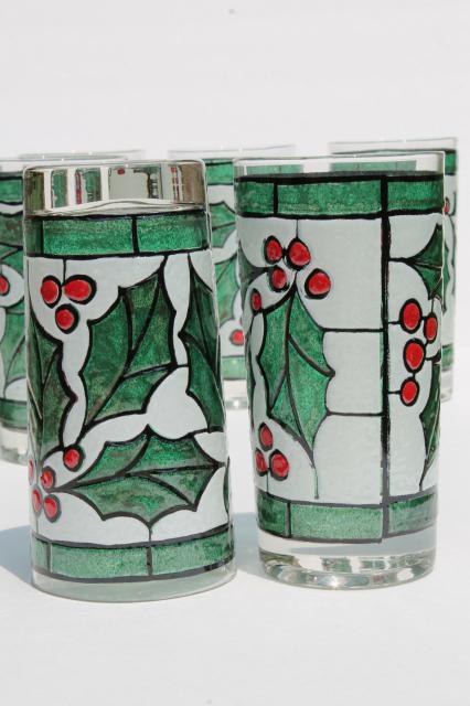 photo of mod vintage West Virginia glass tumblers set in carrier rack, Christmas holly drinking glasses #5