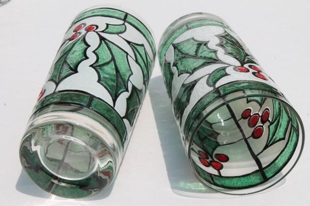 photo of mod vintage West Virginia glass tumblers set in carrier rack, Christmas holly drinking glasses #6