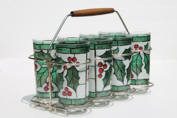 catalog photo of mod vintage West Virginia glass tumblers set in carrier rack, Christmas holly drinking glasses