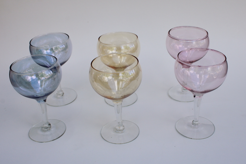 photo of mod vintage West Virginia luster glass cocktail glasses, pastel pink blue yellow #1