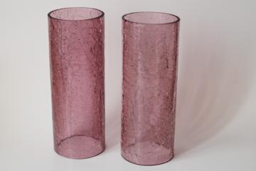 catalog photo of mod vintage amethyst glass hurricane shade set, rustic crackle glass candle shades