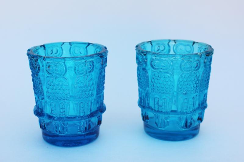 photo of mod vintage aqua blue glass votive holders, pair of candle cups w/ row of owls #1