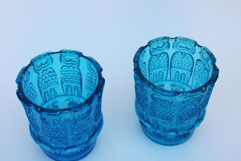 photo of mod vintage aqua blue glass votive holders, pair of candle cups w/ row of owls #2