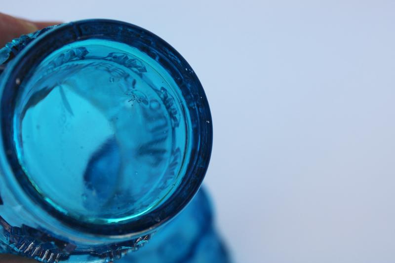 photo of mod vintage aqua blue glass votive holders, pair of candle cups w/ row of owls #4