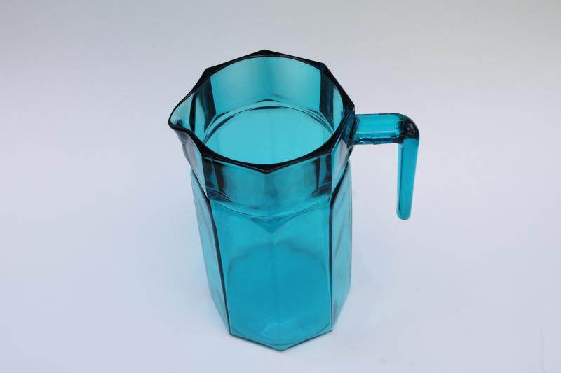 photo of mod vintage aqua glass refrigerator water pitcher, octagonal carafe w/ handle #1