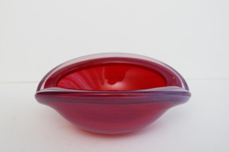 photo of mod vintage art glass ashtray, Murano red / pink opalescent cased glass #1