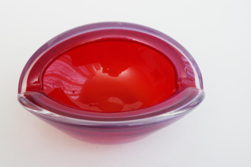 photo of mod vintage art glass ashtray, Murano red / pink opalescent cased glass #2