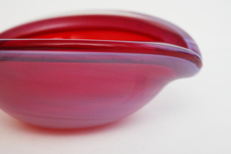 photo of mod vintage art glass ashtray, Murano red / pink opalescent cased glass #5