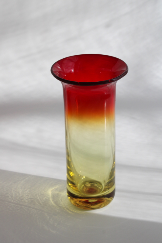photo of mod vintage art glass column vase, amberina shaded red orange gold color hand blown glass #1