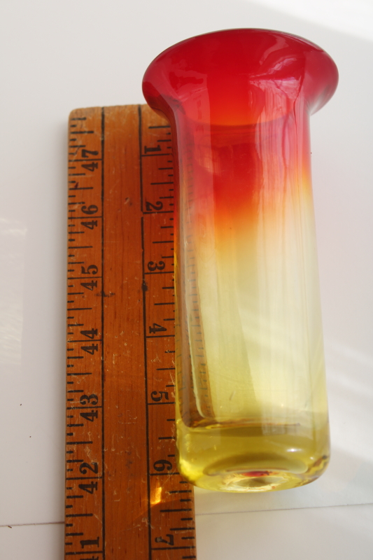 photo of mod vintage art glass column vase, amberina shaded red orange gold color hand blown glass #2