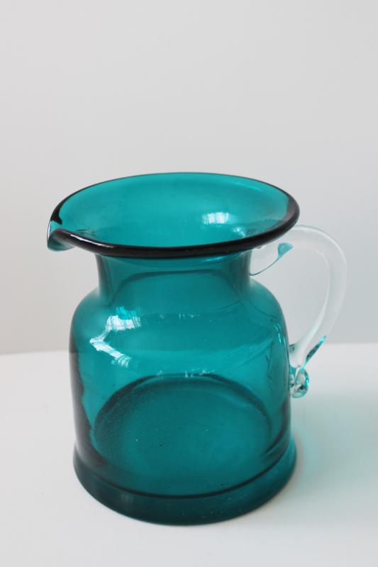 photo of mod vintage art glass pitcher, surf green or aquamarine colored glass w/ clear handle #1