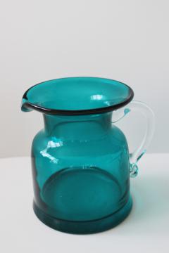 catalog photo of mod vintage art glass pitcher, surf green or aquamarine colored glass w/ clear handle