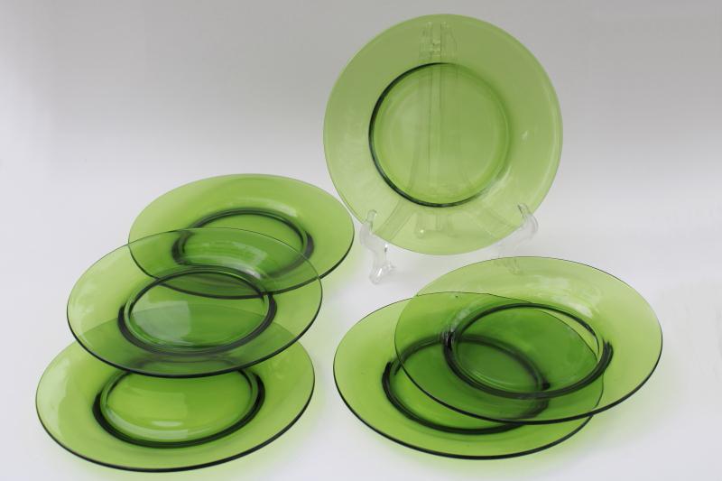 photo of mod vintage avocado green glass salad plates set of six, olive green glassware #1