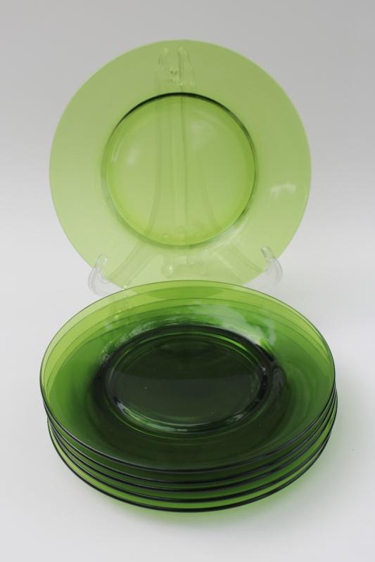 photo of mod vintage avocado green glass salad plates set of six, olive green glassware #5