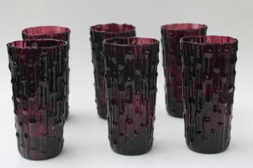 catalog photo of mod vintage bamboo textured glass tumblers, retro bar glasses deep purple amethyst glass