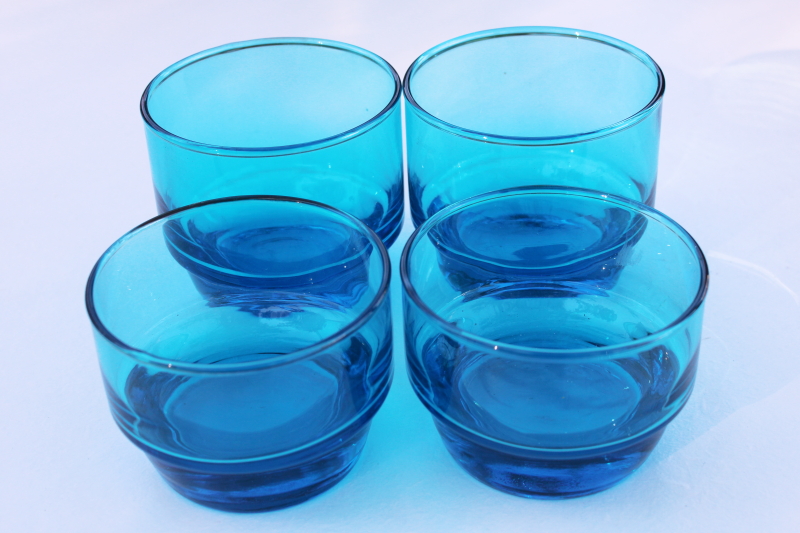 photo of mod vintage bar glasses, chunky short fat lowballs, capri blue bluenique aqua colored glasses #1