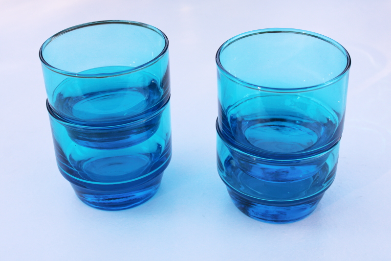 photo of mod vintage bar glasses, chunky short fat lowballs, capri blue bluenique aqua colored glasses #3