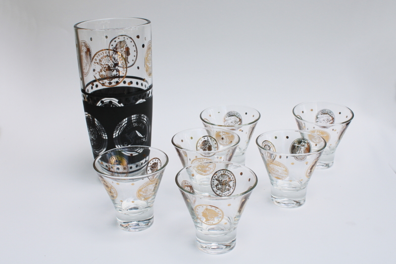 photo of mod vintage bar glassware, drinking glasses & cocktail shaker jar black & gold coins #1