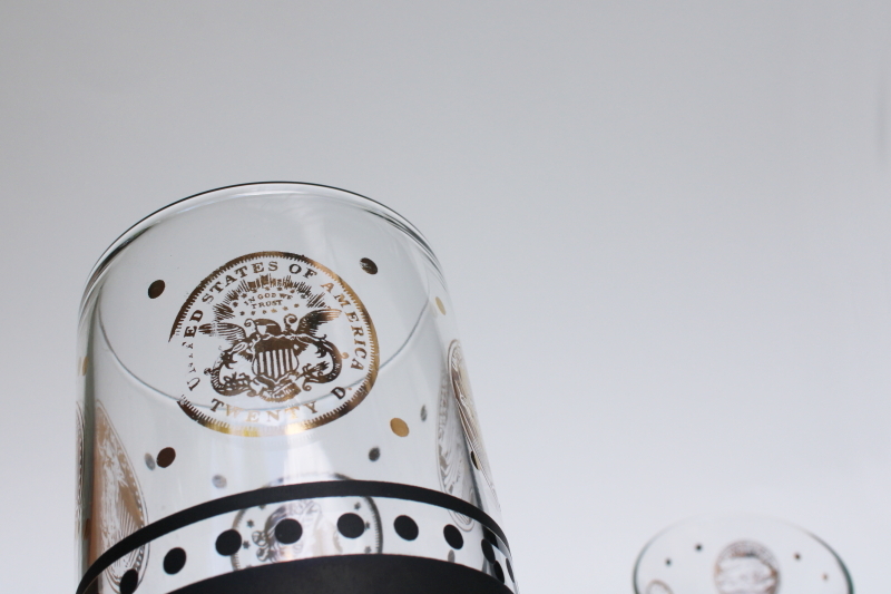 photo of mod vintage bar glassware, drinking glasses & cocktail shaker jar black & gold coins #2